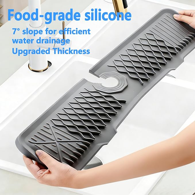 24 Inch Silicone Faucet Mat for Kitchen Sink, 7° Slope Fast Self-Draining Sink Splash Guard, Kitchen Sink Water Catcher Organizer, Kitchen Sink Accessories (Gray, 24''x5.6'') - Image 4