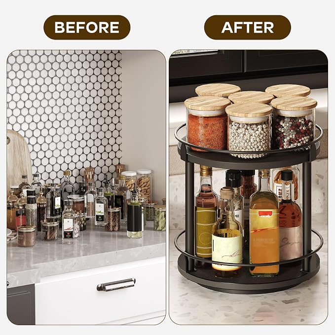 Lazy Susan Organizer, Rotating Spice Rack, 2 Tier Spice Turntable Organizer, Industrial Turntable Spice Holder, for Kitchen Countertop and Cabinet, Compact and Versatile, Black SR22BK - Image 6