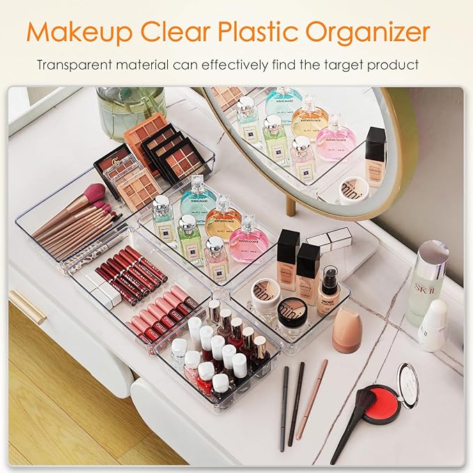 Drawer Organizer, 10 Pack Large Clear Plastic Set, 3 Size Versatile Bathroom and Vanity Organizer Trays, Storage Bins for Makeup, Bedroom, Kitchen Utensils - Image 5