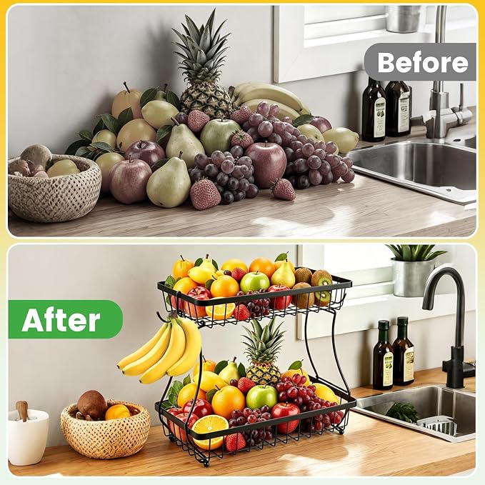 2-Tier Fruit Basket for Kitchen Counter with 2 Banana Hangers | Large Metal Fruit Bowl, Versatile Holder for Veggies, Produce Storage, 12.5"×7.5"×12"-Black - Image 5
