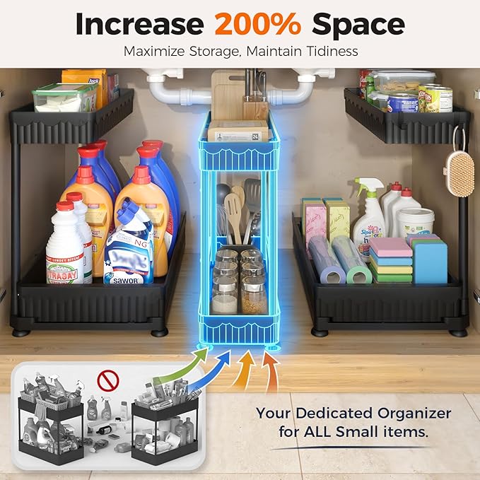 3-Pack 2-Tier L-Shaped Under Sink Organizers with Sliding Drawers | Multi-use kitchen & bathroom storage, 12.85 inch black cabinet organizer, space-saving sliding drawer design. - Image 2