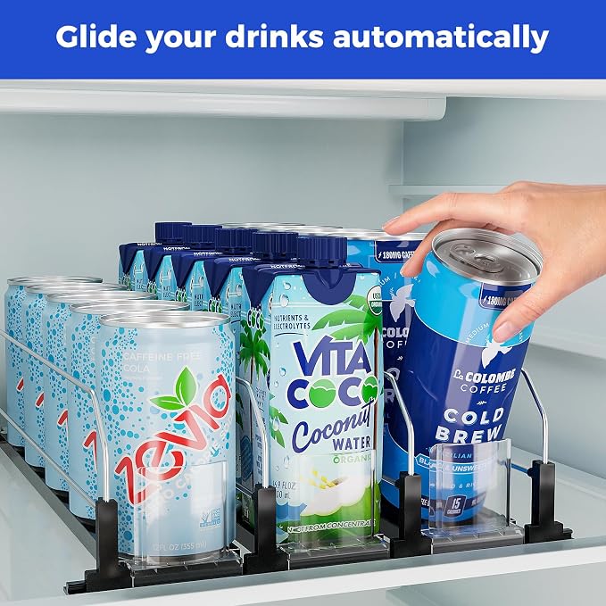 Puricon Drink Organizer for Fridge, Soda Can Organizer -3 Rows, Black | Self-Pushing Spring-Loaded Drink Dispenser for Refrigerator, Holds Soda, Beer & Water Bottles Neatly in Rows - Image 2