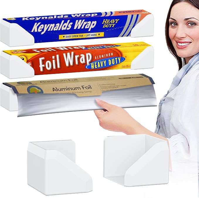 Skywin Adhesive Foil and Plastic Wrap Organizer, Fits Box Width up to 1.77in/45mm Aluminum Foil Organization and Storage, Space-Saving Wall-Mounted Kitchen Plastic Wrap Holde (White) by Skywin