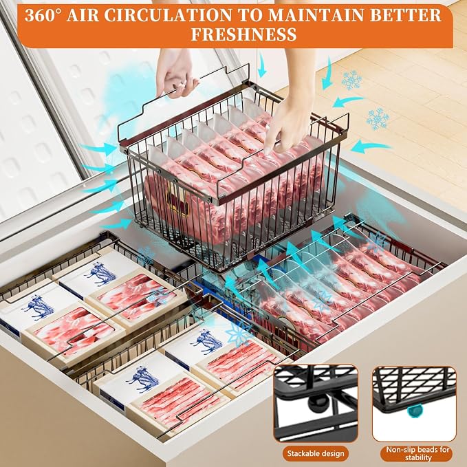 Large Freezer Organizer Bins for 5 to 9 Cu.Ft,Leak-Proof Bottom，4Pack | ANJUBANFreezer Organizer Bins, Stackable,expandable,foldable,With handle Wire Storage Container Baskets for Sort Frozen Meats - Image 7
