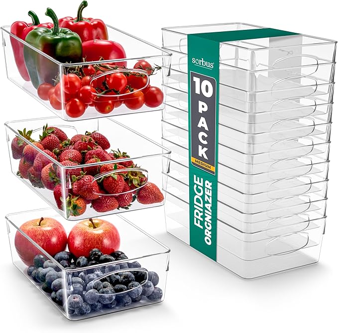 Sorbus 10-Pack Medium Clear Plastic Organizing Bins – Clear Bins for Organizing, Refrigerator Organizers, Fridge Organizer, Pantry Storage, Kitchen Organizer, and Pantry Organizers and Storage Bins by Sorbus