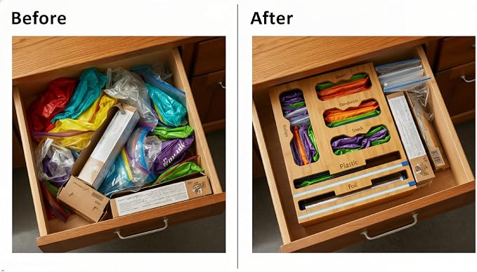 Storage Bag organizer, 6 in 1 Foil and Plastic Wrap Dispenser with Cutter, Bamboo Kitchen Drawer Organizer Food Bag Organizer for Gallon, Quart, Sandwich, Snack Bags (Natural) - Image 4