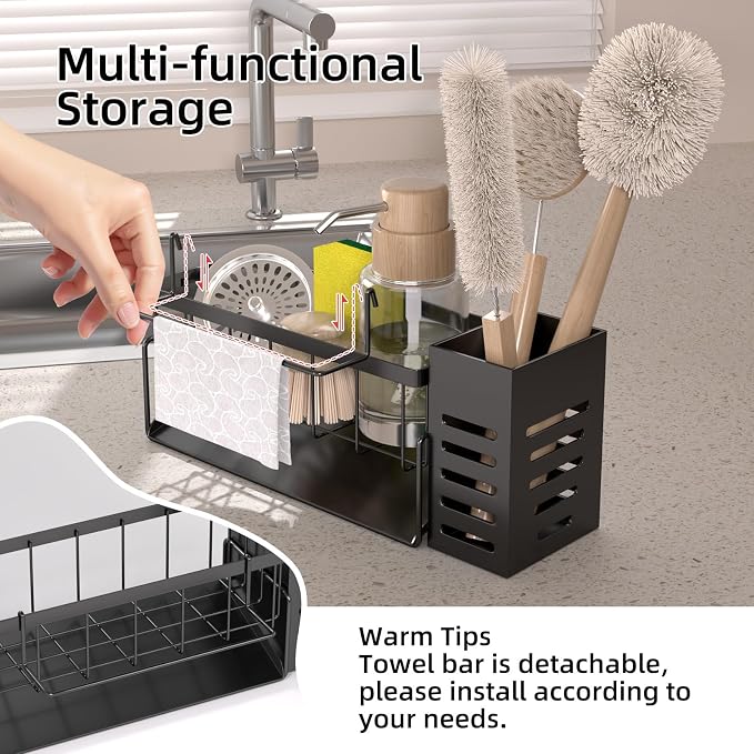 304 Stainless Steel Over Sink Caddy Sponge Soap Organizer Black | Auto sloped drainage with removable tray, 3 divided spaces for sponge & soap, rustproof steel, no installation needed - Image 4