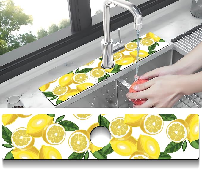 Kitchen Sink Splash Guard Faucet Mat Super Absorbent Fast Drying Mat Sink Gadgets Splash Guard Behind Faucet Drip Catcher for Kitchen (Lemon-1, 23.5x5.5in) - Image 2