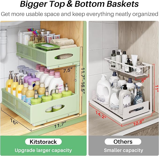 Under Sink Organizer, 2-Pack Pull Out Cabinet Organizer 2 Tier Metal Slide Out Storage Shelf Rack, L-Shaped Adjustable Height,Mesh Sliding Drawer for Kitchen, Bathroom, Laundry, Pantry, Green, XL - Image 3