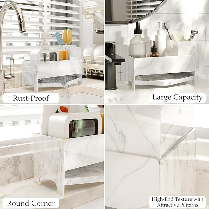 TIDIIABODE Sink Caddy Organizer for Kitchen Counter - White Marble Acrylic Sponge & Soap Bar Holder with Brush Slot, 9.2" Wide Countertop Storage Rack, Self-Draining, Rustproof - Image 4