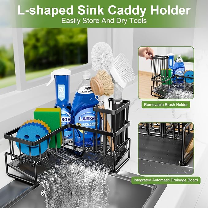 Fikoksol Large Sponge Holder for Kitchen Sink, 90-Degree Sink Caddy Storage | Self Draining Sponge Rack for Countertop, Metal L-Shaped Dish Soap Organizer with Brush Holder, Corner Sink Storage Ideas - Image 3