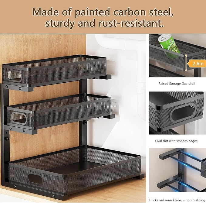 Under Sink Organizer, 2-Pack 3-tier Under Sink Storage Organizer Adjustable Height Easy Assembly Pull Out Cabinet Organizers Basket for Bathroom Kitchen Pantry Home Organization - Image 8