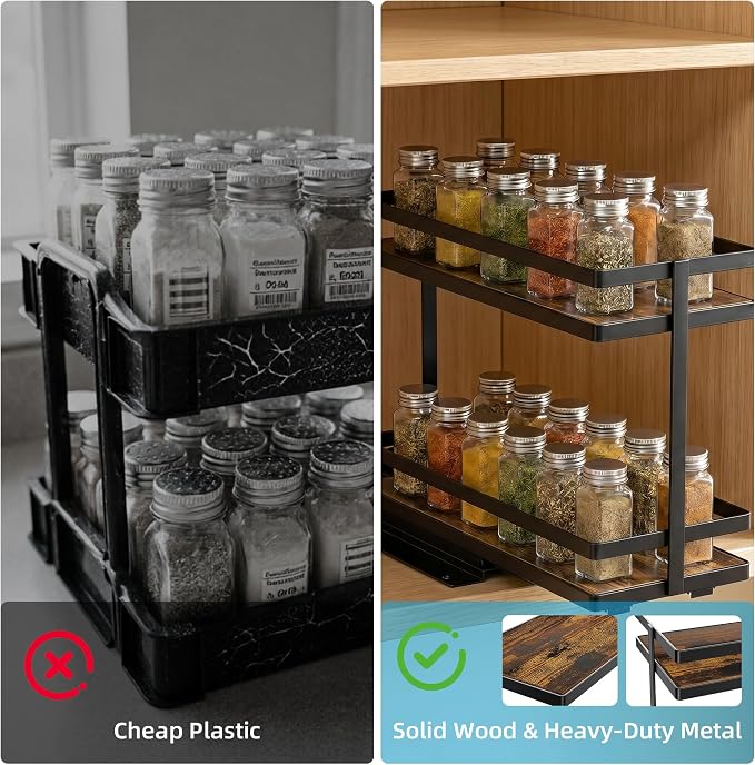 Pull Out Spice Rack 4Pcs Metal & Wood Seasoning Organizer Black | No-Drill Install | Full-Extension Silent Glide | Each Tier Holds 10–12 Standard Spice Bottles | Rustproof, Wipe-Clean Surface - Image 5