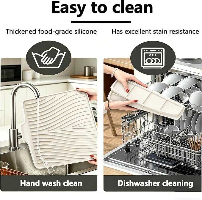 Silicone Dish Drying Mat,19.7"*17"Dish Drying Pad ,Kitchen Accessories,with Built-In and Non-Slip Drain,Easy Clean, Fit for Kitchen, Bar, RV, Refrigerator and Drawer Liner, Off White - Image 7