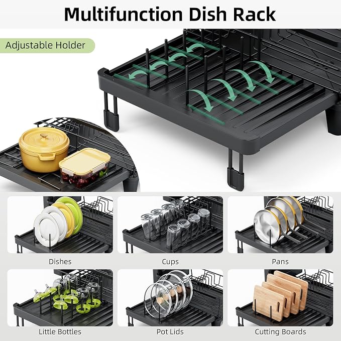 TOOLF Expandable Dish Drying Rack for Kitchen Counter, Black | Extendable 12"-22"W, Fast Draining, Large Capacity, Fits Large Plates, Utensil Holder, 3-4 People Family - Image 5