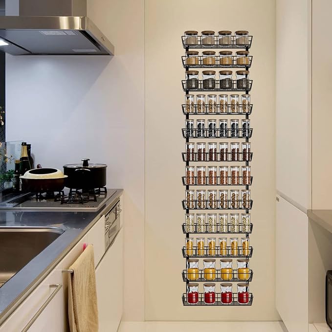 SWOMMOLY Wall Mount Spice Rack Organizer, 12-Tier Adjustable Dual-Use Shelf | Hanging Spice Rack Organizer, Kitchen Pantry Cabinet Storage Holder for Spices, Mason Jars, Bottles & Cans, Black - Image 8