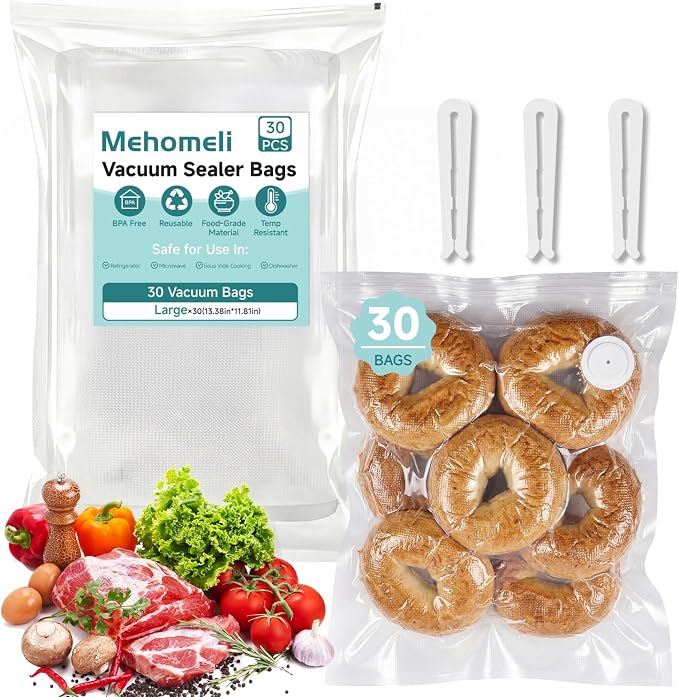 Reusable Vacuum Sealer Bags, 30 Large Bags, 11.8 x 13.4 in | BPA-free, Freezer and microwave safe, Leak-proof and odor-resistant, Compatible with most handheld vacuum sealers by Mehomeli