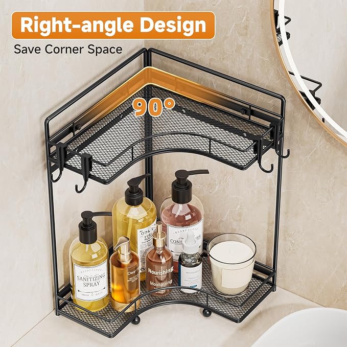 VITVITI 2-Tier Corner Bathroom Counter Organizer, Bathroom Countertop Organizer Storage for Sink, Metal Mesh Makeup Organizer for Vanity Countertop Kitchen with Hooks, Black - Image 3