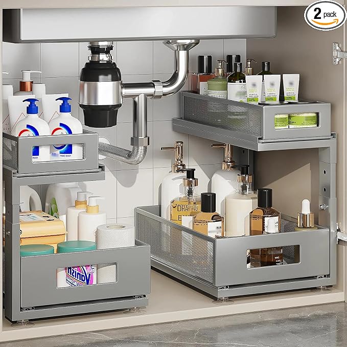 2 Pack 15.74IN-Depth Under Sink Organizer With Next-Gen Ball-Bearing Slides,2-Tier Pull Out Cabinet Storage,Height Adjustable Drawer Shelf for Bathroom,Kitchen,Laundry,Cabinet,Pantry-Gun Gray by Corbyles