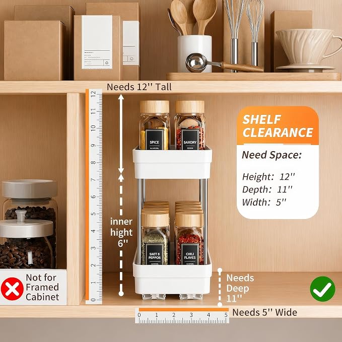 Pull Out Spice Rack, 2 Pack 2-Tier Cabinet Organizer, White | Kitchen Pantry Slide Out Seasoning, Fits Cabinets 12"H x 11"D x 5"W - Image 2
