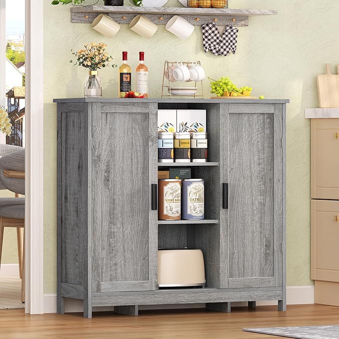 Iwell Storage Cabinet with 2 Doors and 4 Adjustable Shelves, Buffet Cabinet with Storage, Floor Cabinet for Living Room, Entryway, Kitchen, Rustic Gray - Image 5