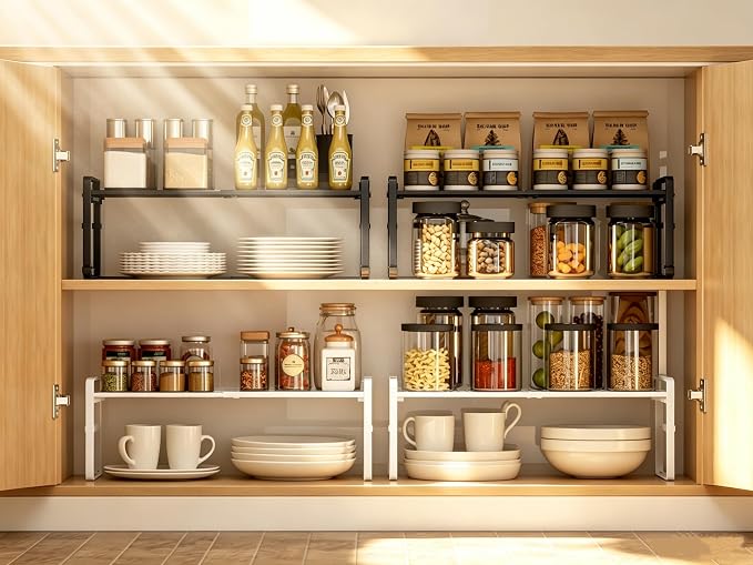 Expandable Cabinet Shelf Organizer Riser for Kitchen Under Sink Countertop | Expandable, metal , 0.8mm-thick shelves, suitable for cabinets, countertops, under-sink areas, and storage rooms - Image 3