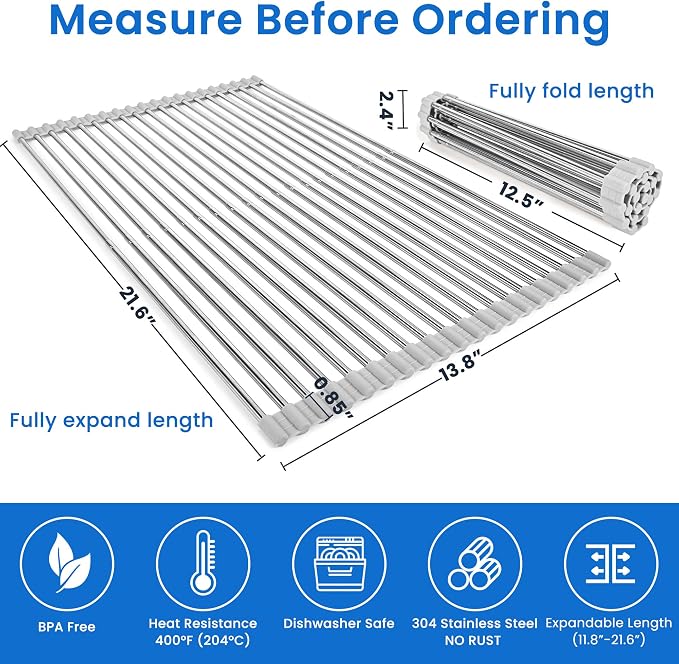 Roll Up Dish Drying Rack Over the Sink 12.5"-21.6" Expandable | 304 Stainless Steel Foldable Sink Drying Rack, Dish Drainer for Kitchen Sink, Dish Dryer Rack Mat for Kitchen Counter, Gray - Image 2