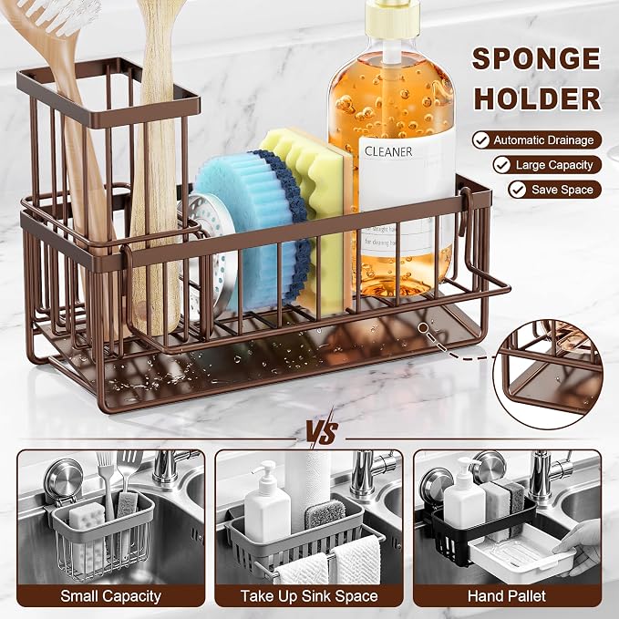 Sponge Holder for Kitchen Sink, Kitchen Sink Caddy, Kitchen Sink Sponge Holder, Dish Sponge Holder, Kitchen Sink Organizer for Sponge, Dish Brush, Scrubber(9.65" x 3.74" x 6.3", Brown) - Image 4