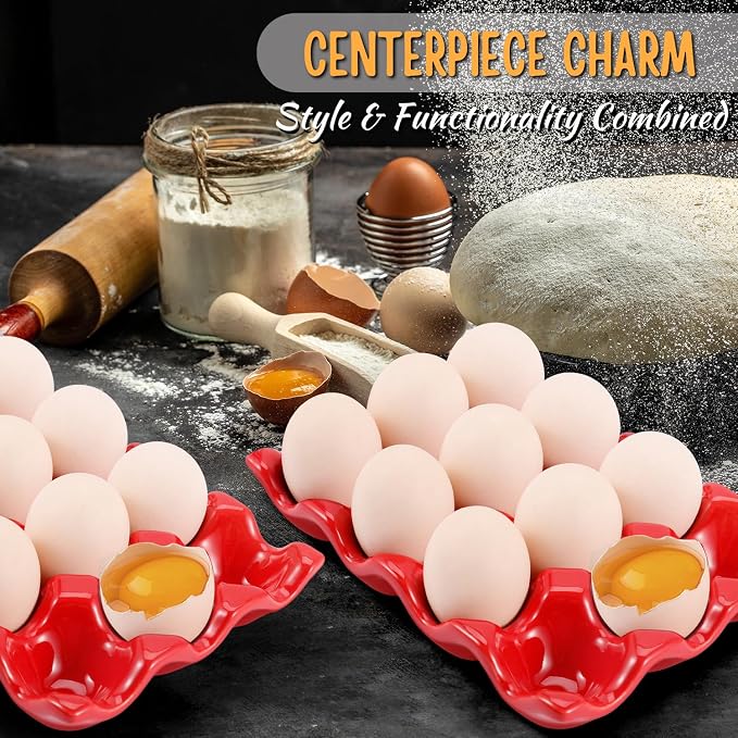 Flexzion 12 Cups Ceramic Egg Holder for Fridge - Dozen Ceramic Egg Tray Porcelain Container Storage Organizer Decorative Serving Stand Serveware for Refrigerator Countertop Display (Red, 2 Pack) - Image 6