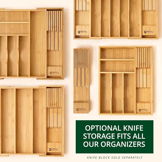 ROYAL CRAFT WOOD Luxury Bamboo Utensil Rack and Silverware Organizer, Kitchen Drawer Organizer - Utensil Holder and Cutlery Tray with Grooved Drawer Dividers for Flatware 7 Slot, Natural - Image 10