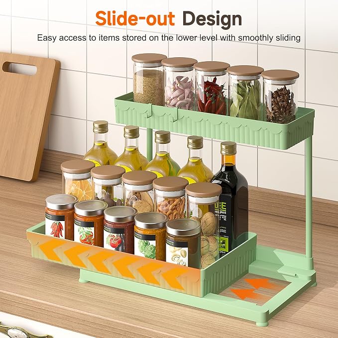 3-Pack 2-Tier L-Shaped Under Sink Organizers with Sliding Drawers | Multi-use kitchen & bathroom storage, 14.85 inch green cabinet organizer, space-saving sliding drawer design. - Image 3