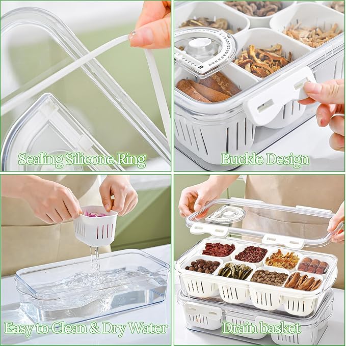 Veggie Tray Divided Serving Tray with Lid, Salad Bar Container for Fridge | Portable Snack Box Container,Food Storage Organizer with 8 Strainers for Fruit,Vegetable, Berry Saver for Refrigerator Picnic - Image 4