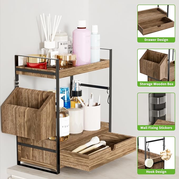 2-Tier Bathroom Counter Organizer, Wooden Vanity Shelf with Drawer & Basket | Pre-Drilled Holes, Skincare & Makeup Countertop Organizer and storage, Dark Brown - Image 3