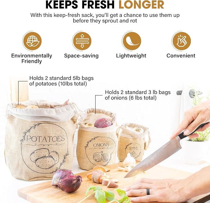 Potato Storage Bag | Natural Jute Potato Onion Garlic Storage Set for Pantry | Breathable & Fresh Onion Potato Storage | Easy to Clean Potato and Onion Storage Bag | Air Flow, Light Blocking - Image 3