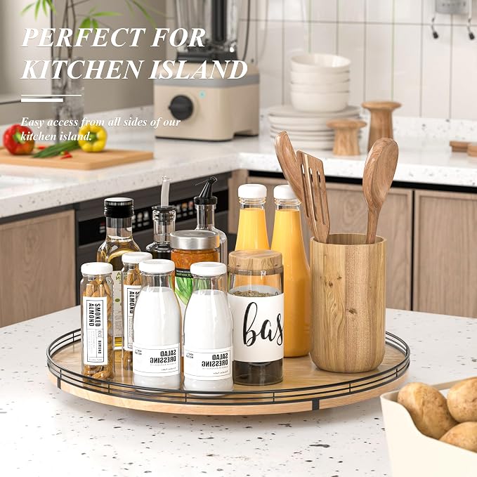 AMH 21-Inch Extra Large Farmhouse Oak Lazy Susan Organizer | Smooth rotating oak tray with walnut finish for dining tables, kitchen counters, pantries and cabinet storage. - Image 4