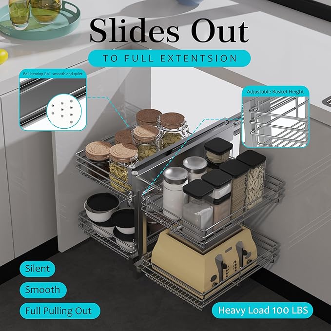 Blind Corner Cabinet Pull Out 2 Tier, Left & Right Blind Corner Cabinet Organizer for 18" W, Cabinet Pull Out 4 Shelves, Chrome, Slide Out Drawers for Kitchen or Bathroom Cabinets - Image 6