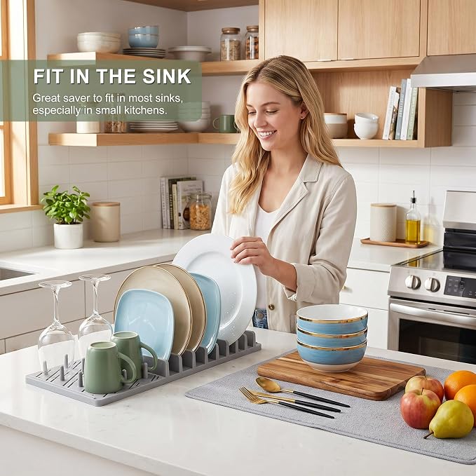 2-in-1 in Sink Dish Drying Rack with Dish Drying Mat,Collapsible Dish Drying Rack with Mat,Space-Saving Dish Rack for Kitchen Counter,Quick Dry Dish Drainers for Kitchen Sink (Grey White) - Image 2