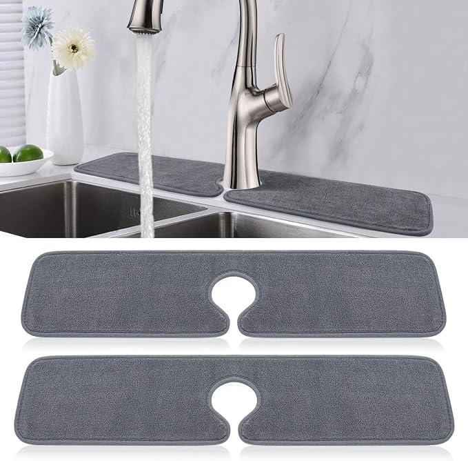PoYang 2 Pack Faucet Mat for Kitchen Sink Splash Guard, Long 24x5.1 Inch | Super Absorbent Microfiber Faucet Mat, Catch Splashes and Drips, Machine Washable Sink Protectors for Kitchen, Bathroom & RV by PoYang