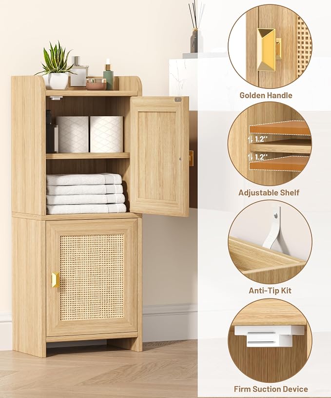 Akxomel Rattan Small Bathroom Cabinet Narrow Toilet Paper Organizer Oak | 7.9''D x 11.8''W Bathroom Organizer and Storage Cabinet for Small Space, Slim Corner Unit with Adjustable Shelf - Image 8