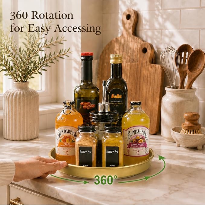 Amolliar 10" Metal Lazy Susan Organizer, Gold 2 Pack, Spice Turntable Tray | Metal 360 Rotating Turntable Organizer For Kitchen, Fridge, Pantry Cabinet Counter, Condiment Rack, Table Decor, Gold 2 Pack - Image 2
