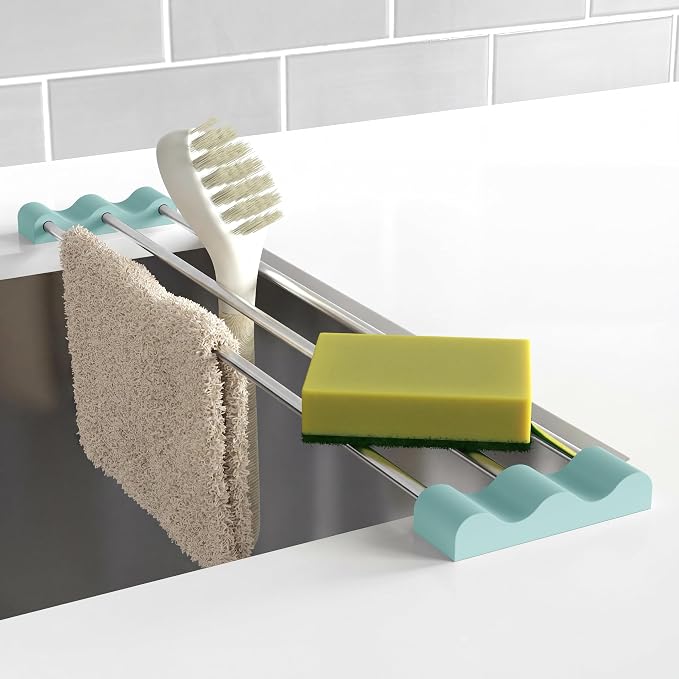 Tomorotec Adjustable Over-The-Sink Kitchen Rack, BPA-Free, Light Cyan | Holds 16.5 Lbs; For Dishcloths, Sponges, and Brushes - Heat-Resistant Stainless Steel with Slim, Expandable Design by Tomorotec