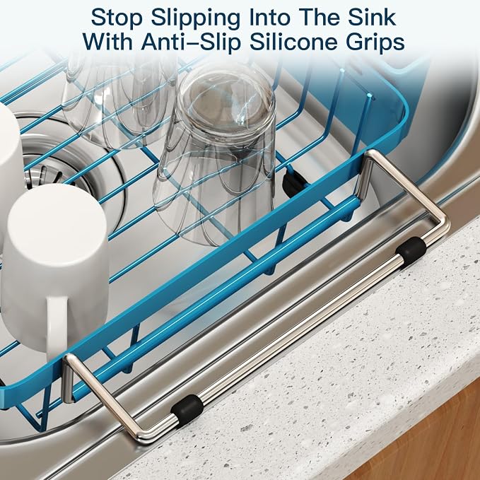 Blue Dish Drying Rack Over The Sink with Utensil Holder, Mat | Expandable Stainless Steel Dish Drainer for Small Kitchen, Apartment, RV, Counter Space Saving, Perfect Fit, Rustproof - Image 8