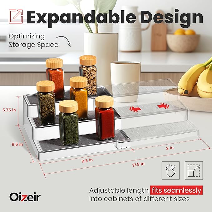 Oizeir Expandable Spice Rack Organizer for Cabinet (4 Pack), 3-Tier Clear Tiered Shelf, Non-Slip Adjustable Spice Cabinet Organizer for Kitchen Pantry, Medicine, Seasoning & Bottle Storage - Image 2