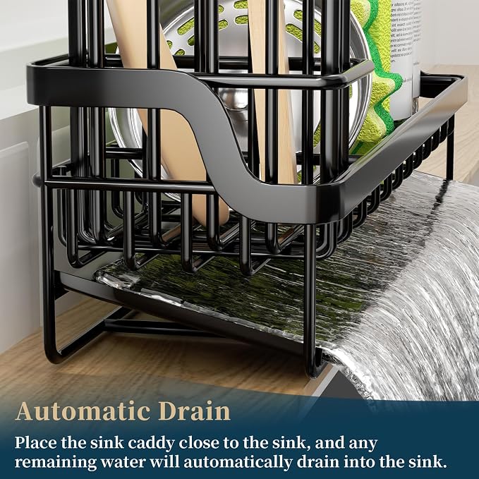 Consumest Sponge Holder for Kitchen Sink - Sink Caddy with Stainless Steel Self Drain Tray, Sink Organizer with High Brush Holder Countertop for Kitchen Sink Accessories, Black-Extra Large - Image 3