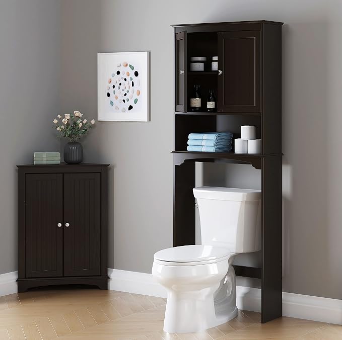 Spirich Over Toilet Storage Cabinet with Doors, Espresso Bathroom Organizer | FSC-Certified MDF, Raised Panel Doors, Adjustable & Open Shelves, Anti-Tip Mount, Fits Behind & Above Standard Toilets - Image 4