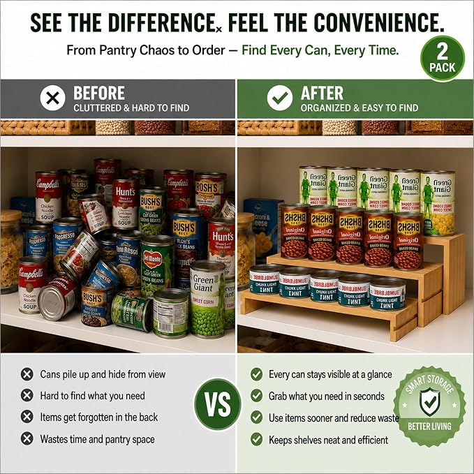 Expandable Bamboo Can Organizers and Storage Rack for Pantry Cabinets 2 Set | 100% Natural Bamboo,Expandable 3 Ties,Adjustable Depth for Pantry Cabinets,s sets,Spice Rack and Canned Food Organizer - Image 3