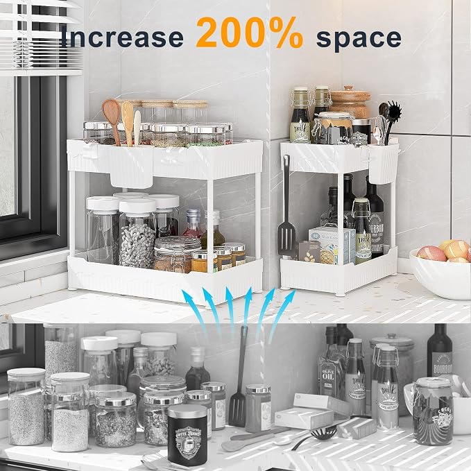 2-Pack Under Sink Organizer with Hooks & Hanging Cup for Kitchen | Multi-use kitchen & bathroom storage, 12.8 inch white cabinet organizer, with hooks and hanging cup for easy access. - Image 2
