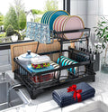 2-Tier Dish Drying Rack - Dish Rack with Auto Drain-to-Sink & Mat | Dish Racks for Kitchen Counter, Dish Drainer with Knife Fork & Cup Rack, Gifts for Women, Mothers Day, Kitchen Gadgets, Black by Godboat