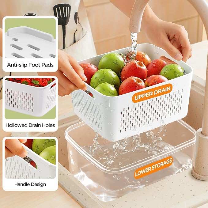 8-Pack Fruit Storage Containers for Fridge, Leakproof Fruit Containers for Fridge with Colanders, BPA-Free Produce Storage Containers with Lids Keep Fruits, Vegetables, Berry, Meat Fresh longer - Image 4