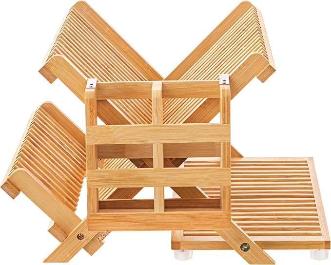 Bamboo 3 Tier Dish Drying Rack with Utensil Holder | Collapsible Dish Rack for Kitchen Counter, Large Folding Drying Holder, Dish Drainer, Kitchen Organizers and Storage by Oyydecor